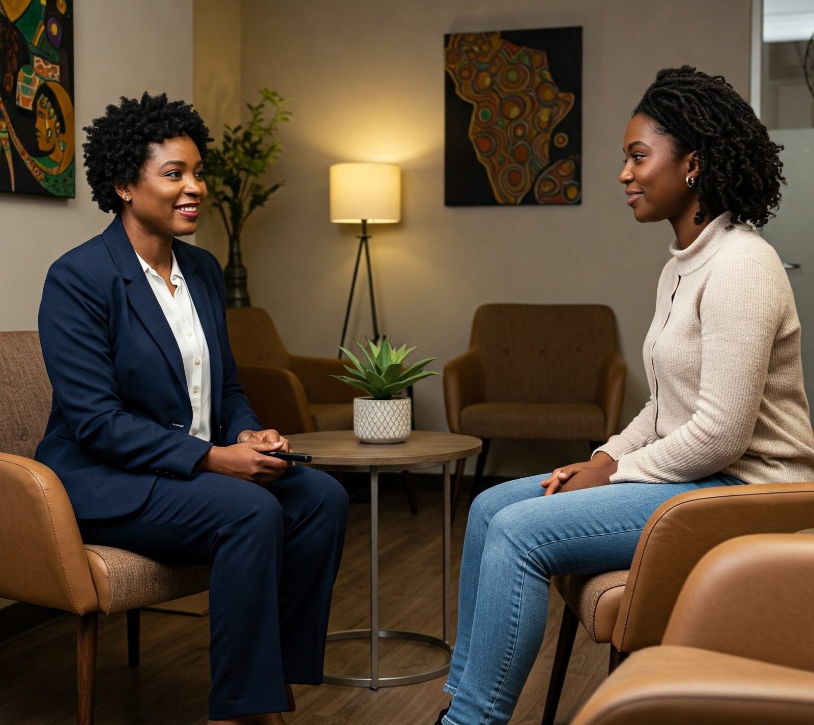 A counselor and client in an outpatient session room